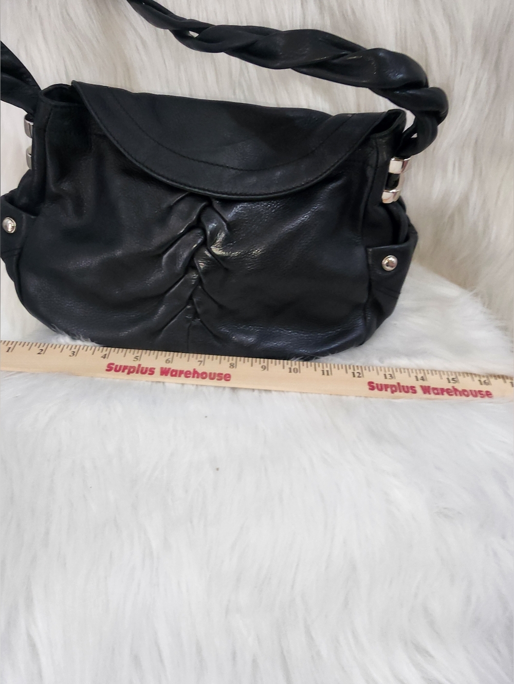 B. Makowsky hobo/shoulder bag, Black Leather, Ruched Front, Braided Strap - Picture 3 of 10